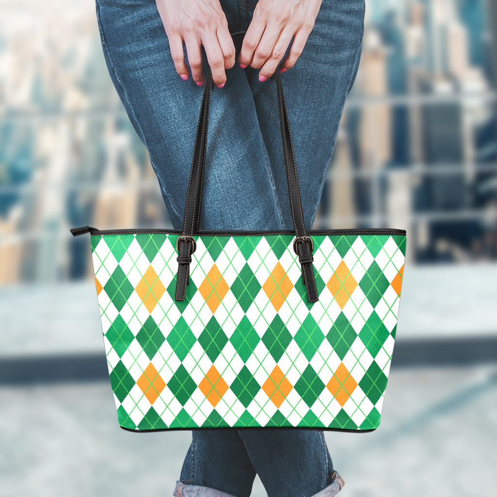 St Patrick's Day Argyle Pattern Print Leather Tote Bag