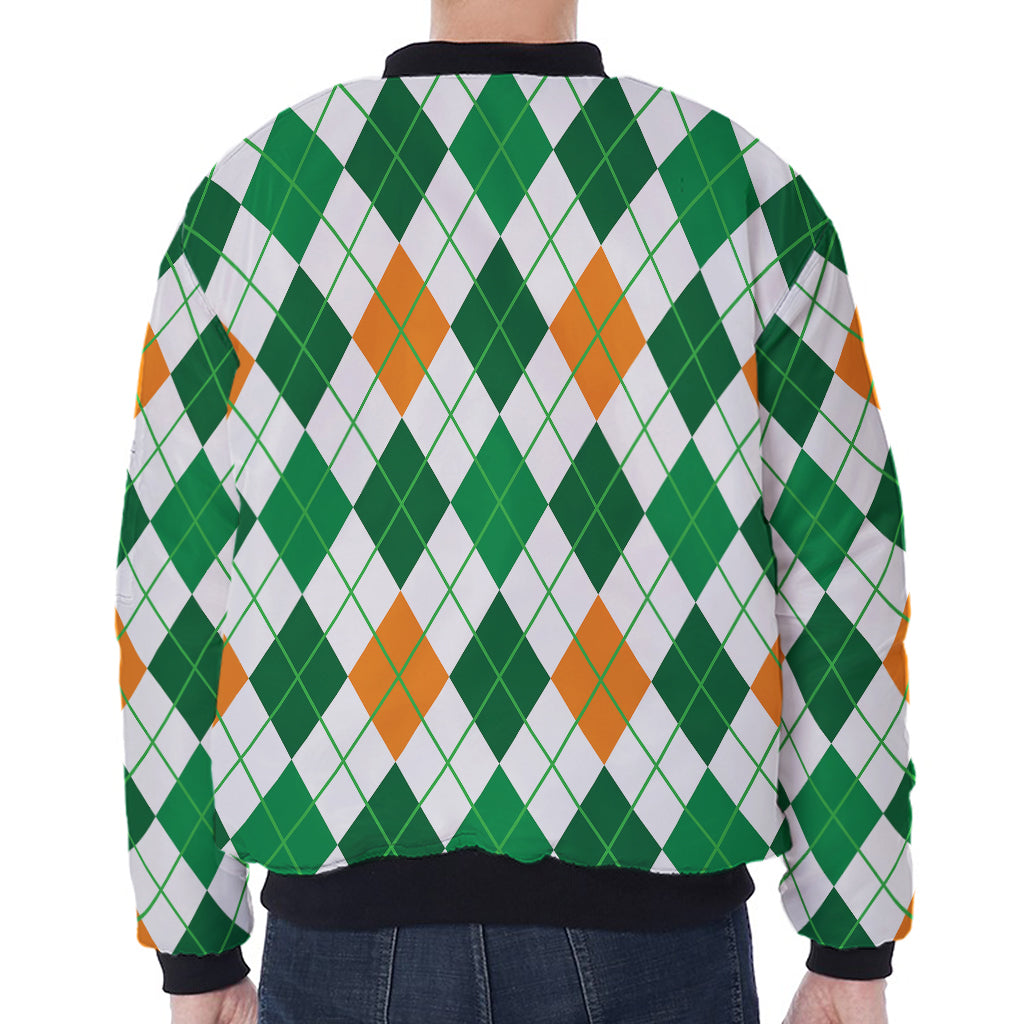 St Patrick's Day Argyle Pattern Print Zip Sleeve Bomber Jacket