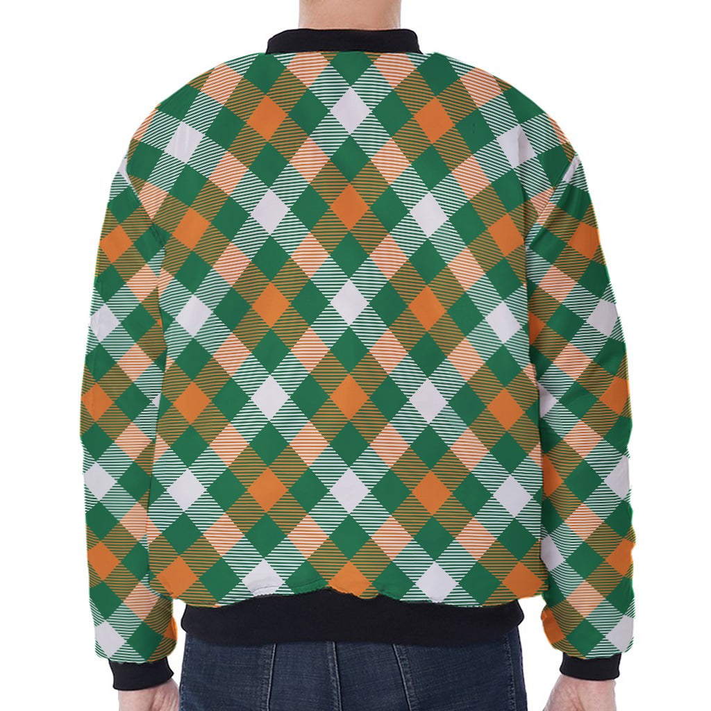 St. Patrick's Day Plaid Pattern Print Zip Sleeve Bomber Jacket