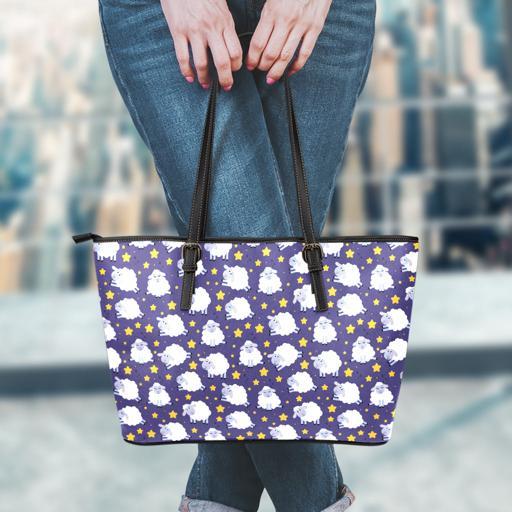 Star And Sheep Pattern Print Leather Tote Bag