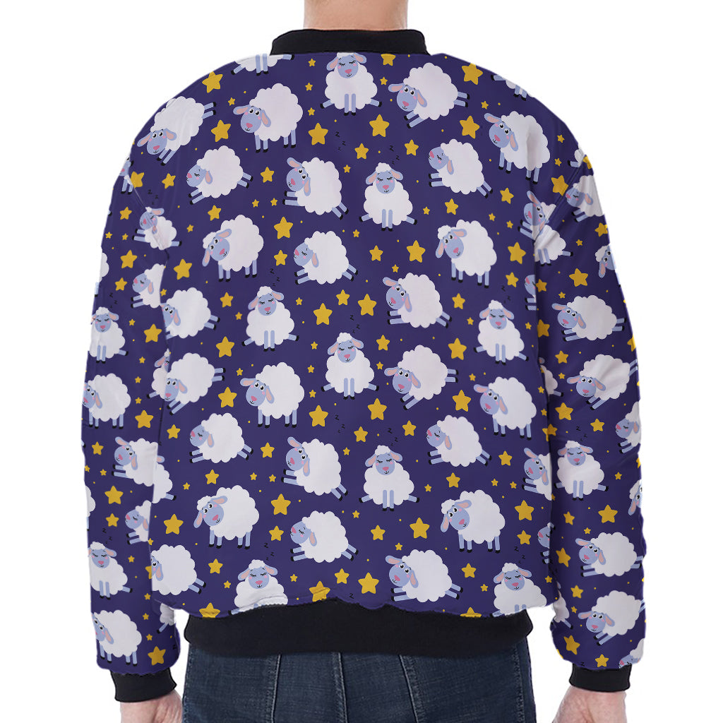 Star And Sheep Pattern Print Zip Sleeve Bomber Jacket