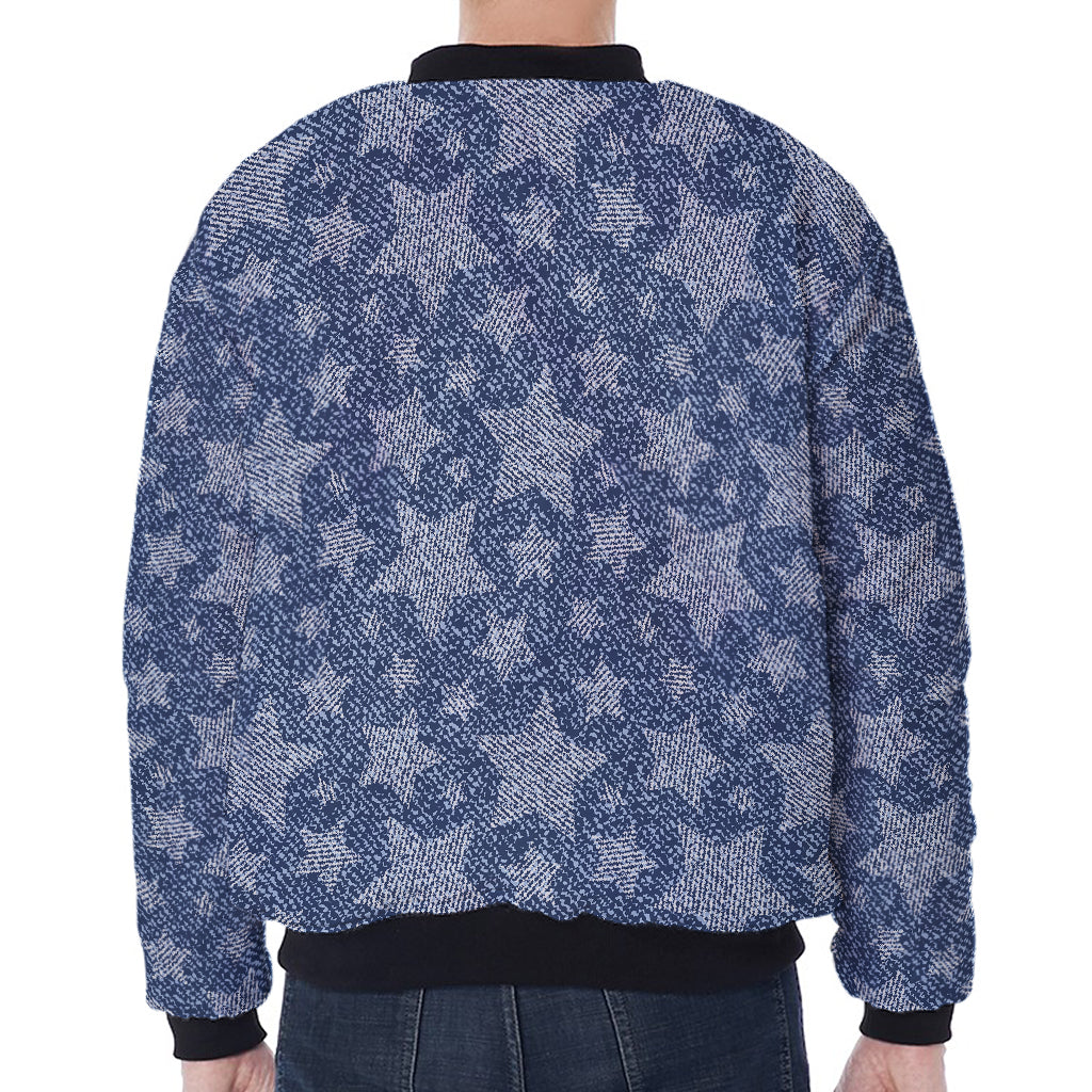 Star Denim Jeans Pattern Print Zip Sleeve Bomber Jacket