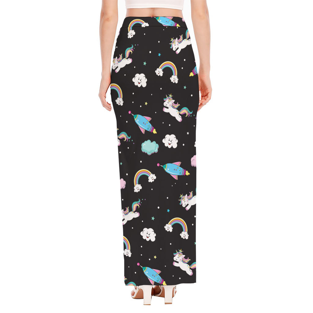 Star Space Unicorn Pattern Print High Slit Maxi Skirt