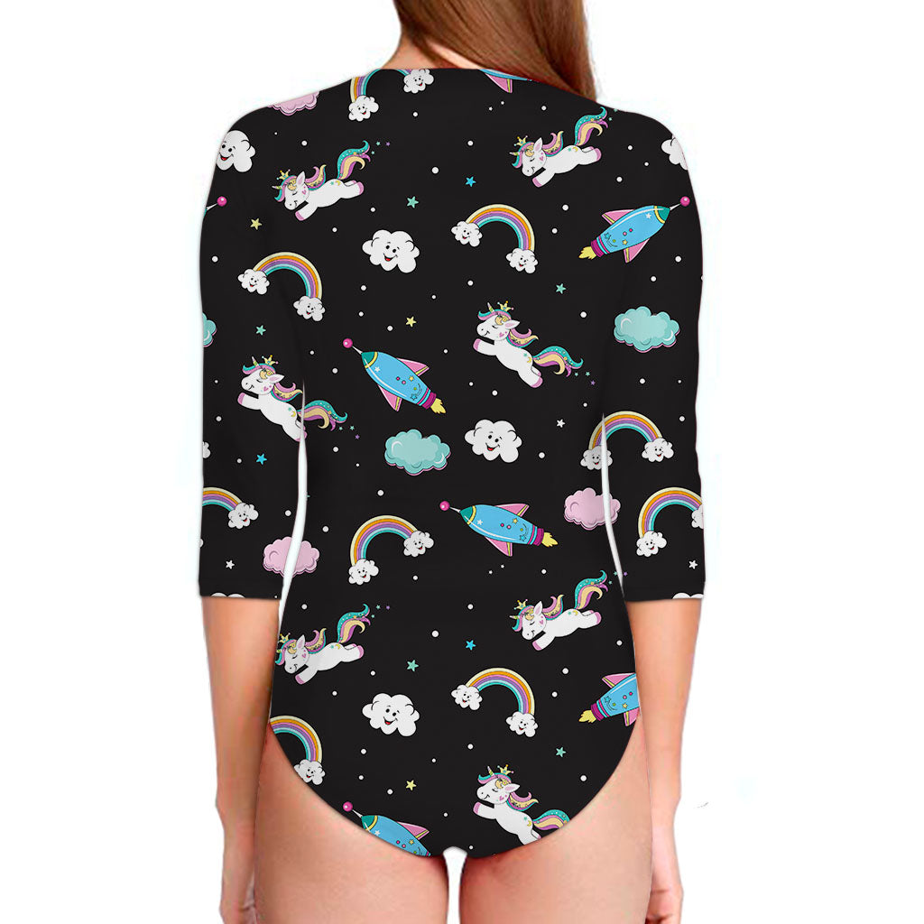 Star Space Unicorn Pattern Print Long Sleeve Swimsuit