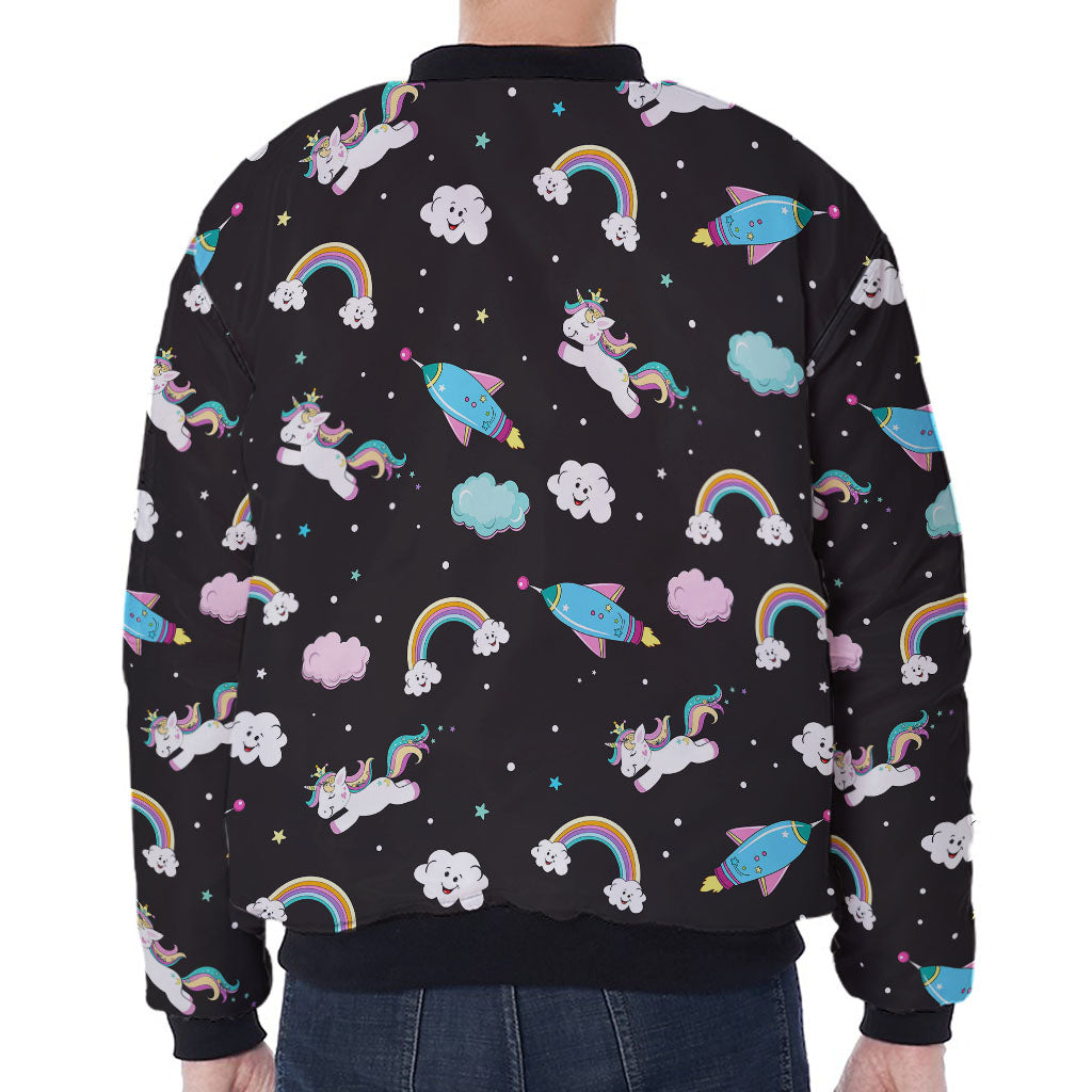 Star Space Unicorn Pattern Print Zip Sleeve Bomber Jacket