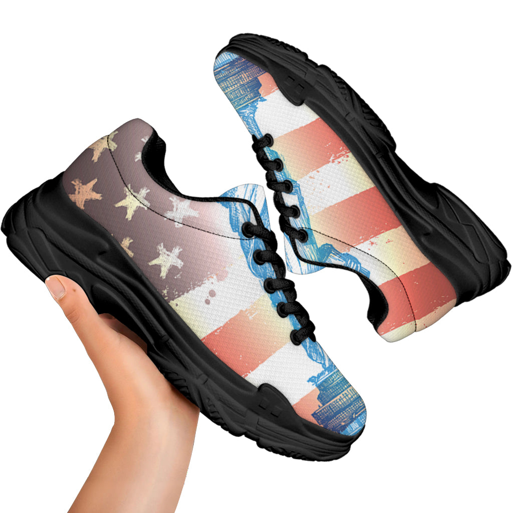 Statue of Liberty USA Flag Print Black Chunky Shoes