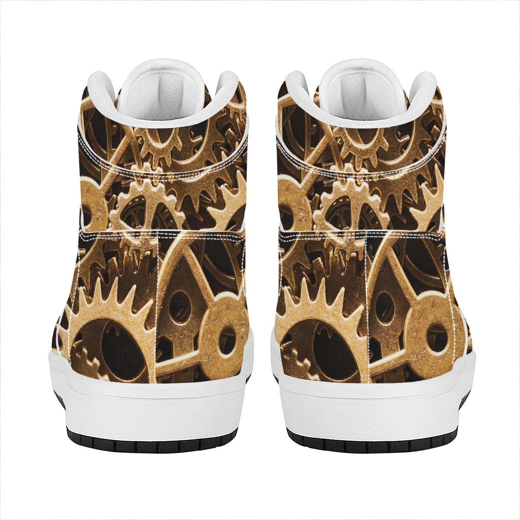 Steampunk Brass Cogs And Gears Print High Top Leather Sneakers