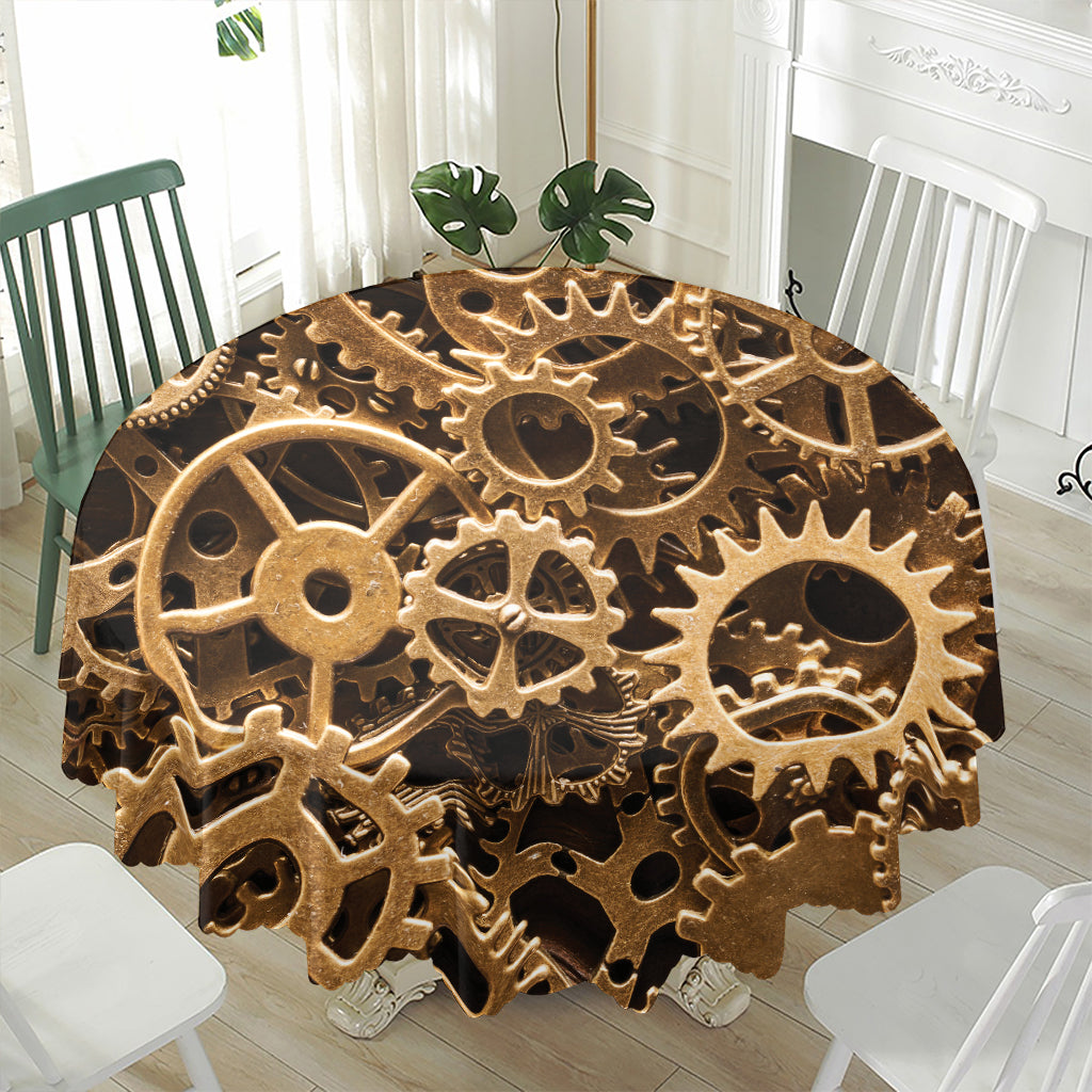 Steampunk Brass Cogs And Gears Print Waterproof Round Tablecloth