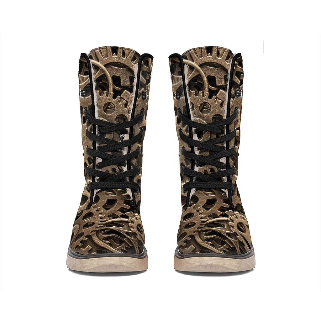 Steampunk Brass Gears And Cogs Print Winter Boots