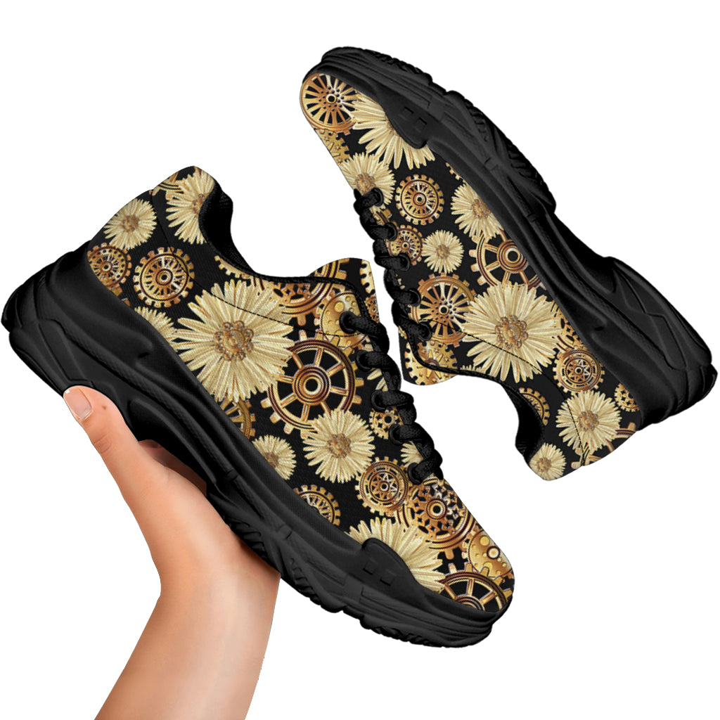 Steampunk Chamomile Pattern Print Black Chunky Shoes