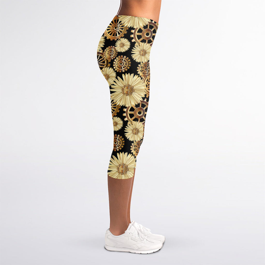 Steampunk Chamomile Pattern Print Women's Capri Leggings