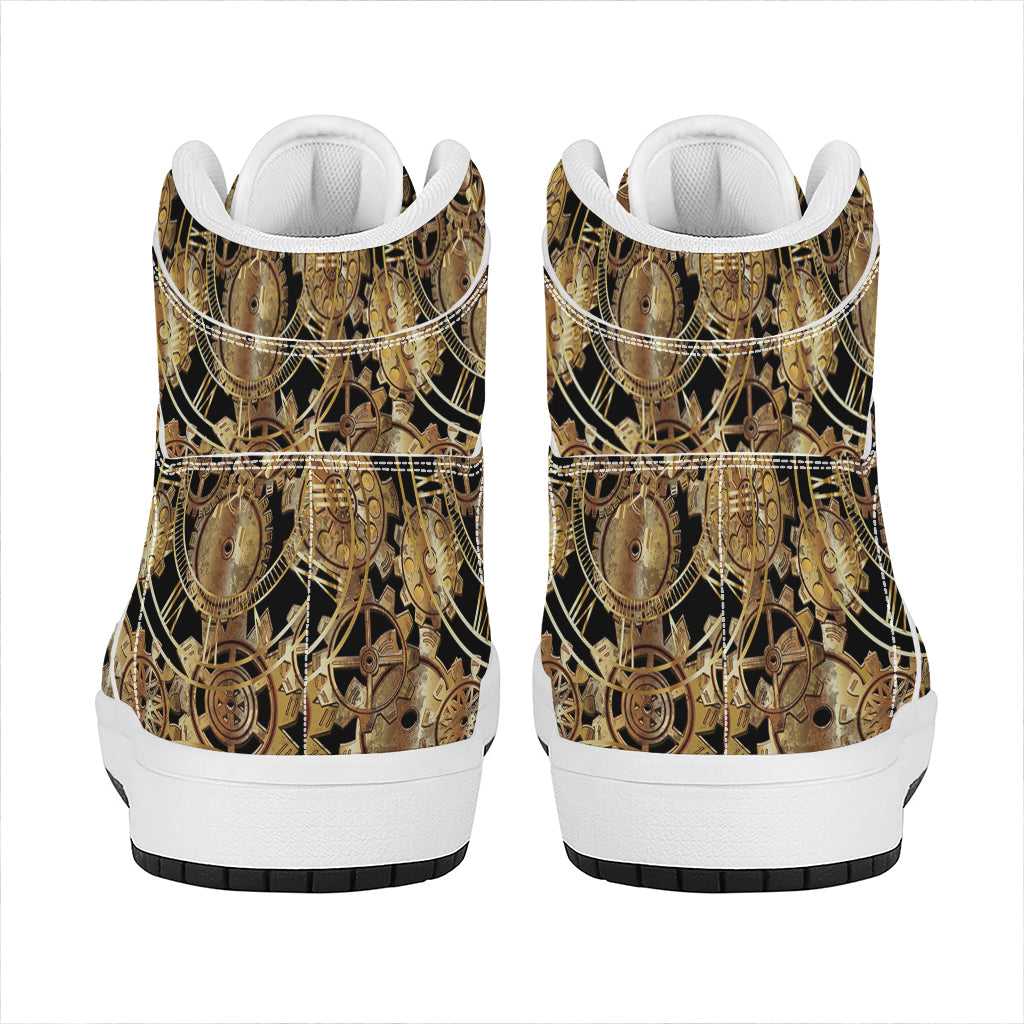 Steampunk Clock Gears Print High Top Leather Sneakers