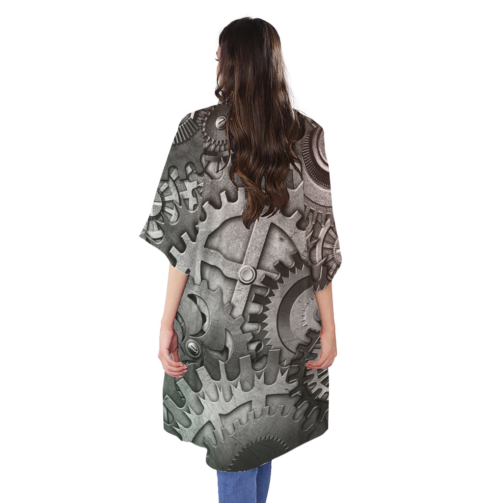 Steampunk Metal Gears Print Open Front Beach Cover Up