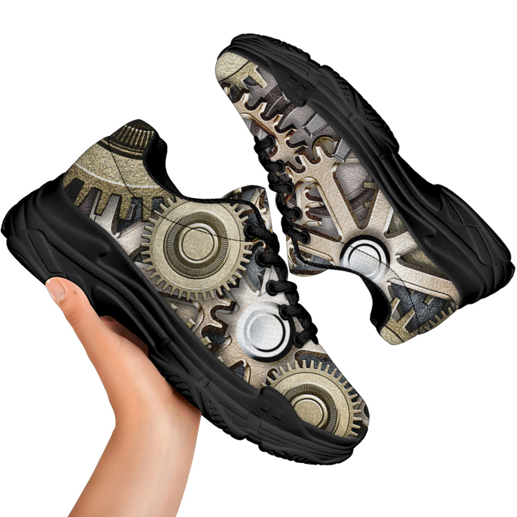 Steampunk Metallic Gears Print Black Chunky Shoes