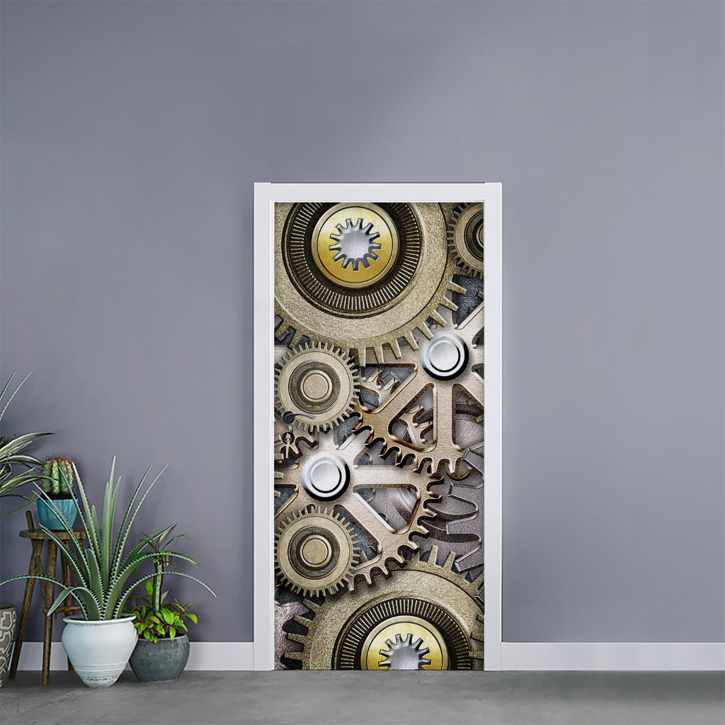 Steampunk Metallic Gears Print Door Sticker