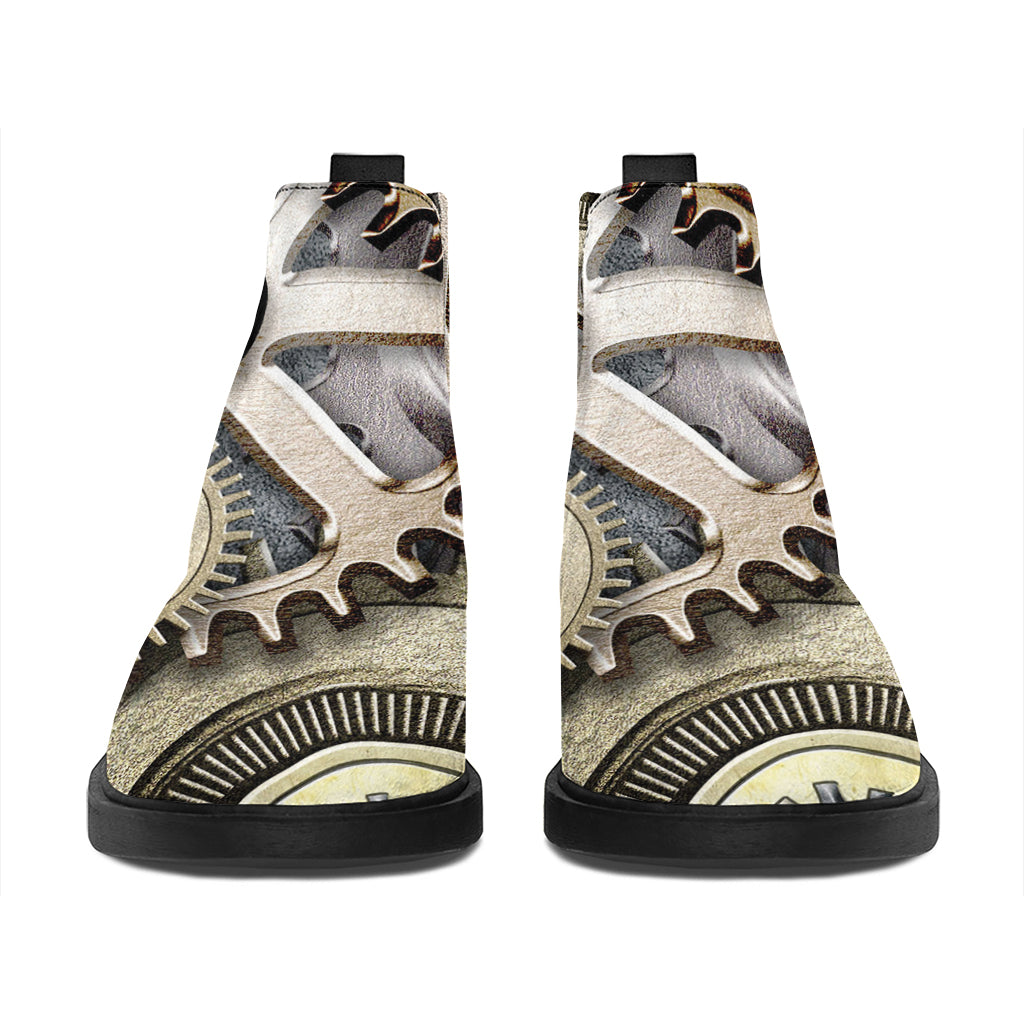 Steampunk Metallic Gears Print Flat Ankle Boots