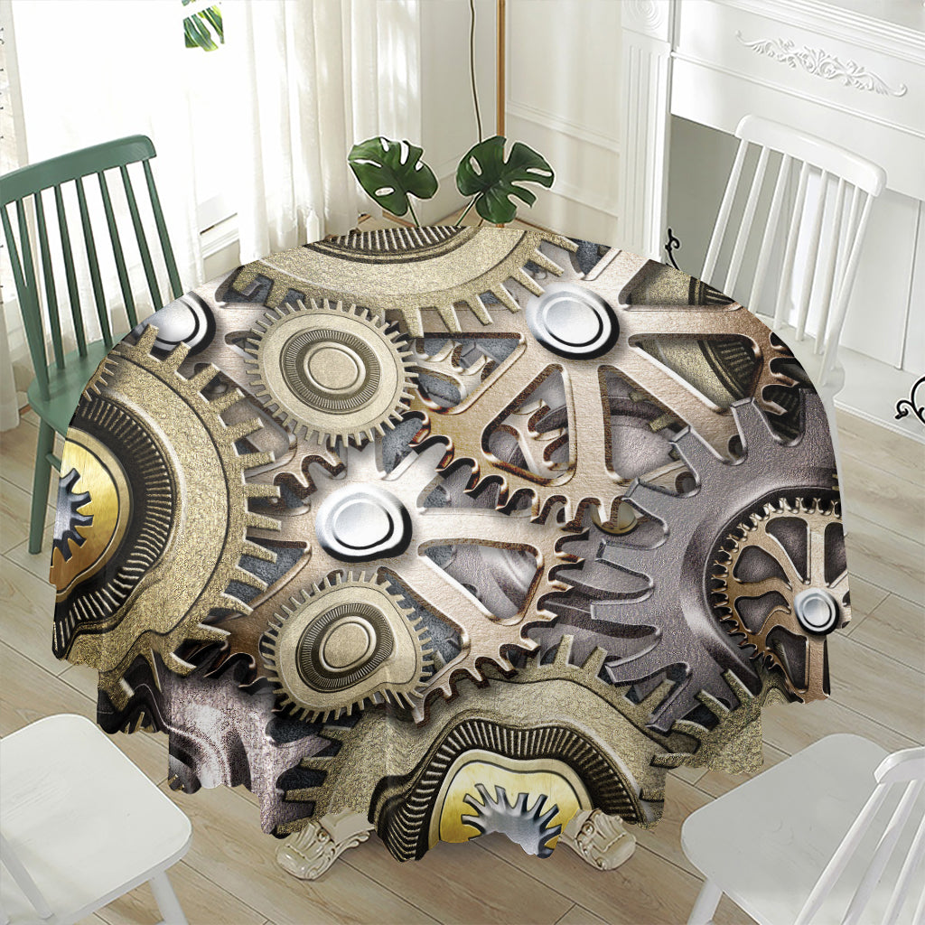 Steampunk Metallic Gears Print Waterproof Round Tablecloth