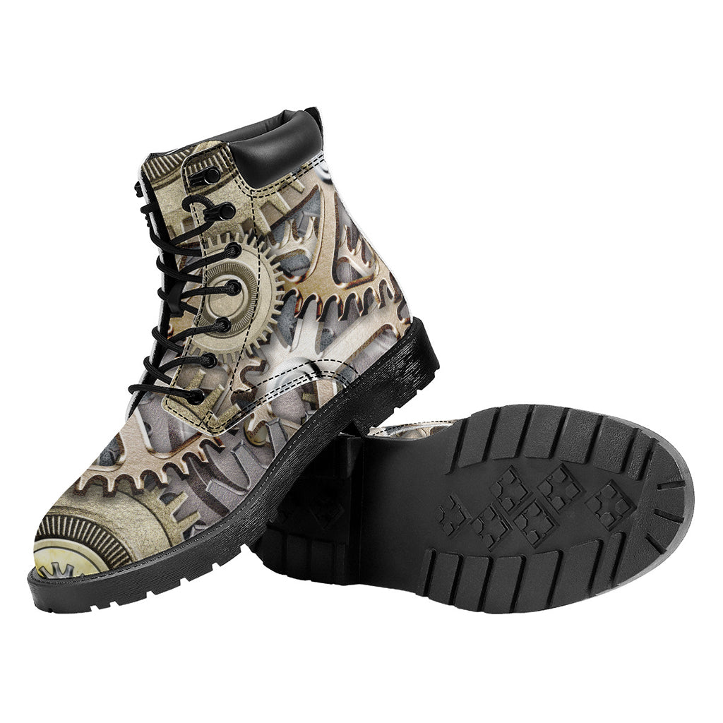 Steampunk Metallic Gears Print Work Boots