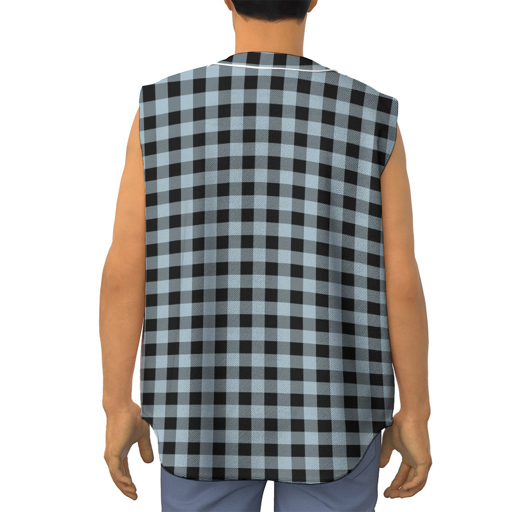 Steel Blue And Black Buffalo Check Print Sleeveless Baseball Jersey