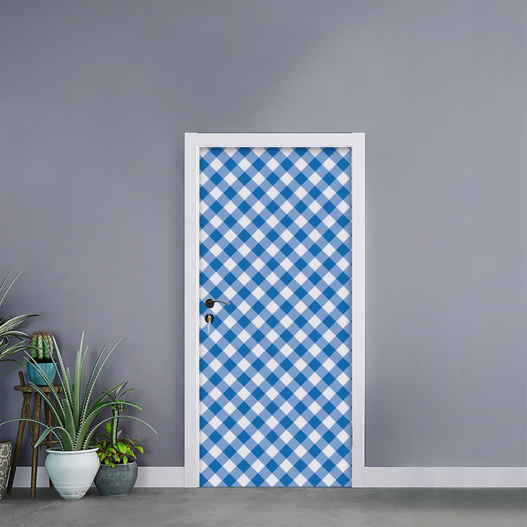 Steel Blue And White Gingham Print Door Sticker