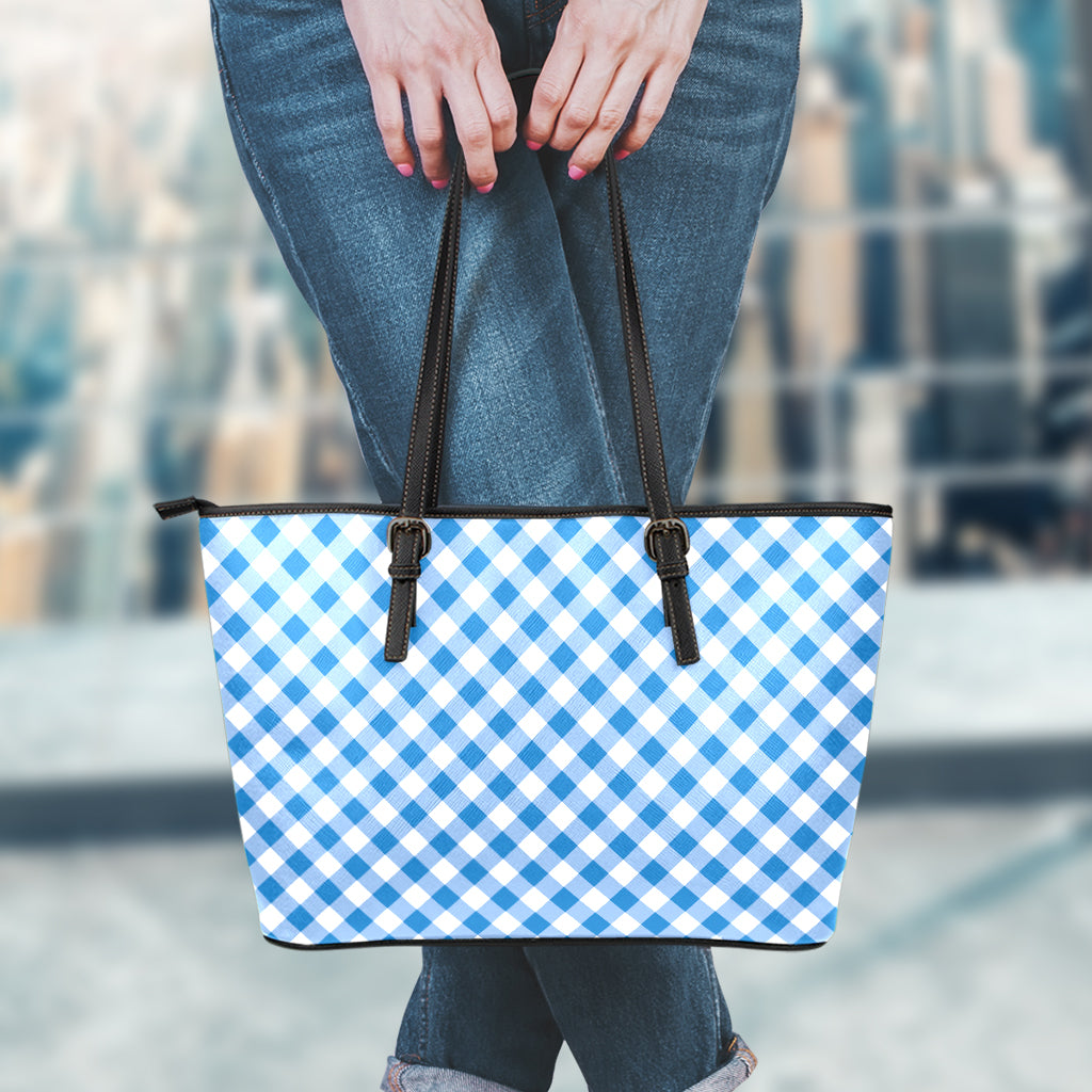 Steel Blue And White Gingham Print Leather Tote Bag