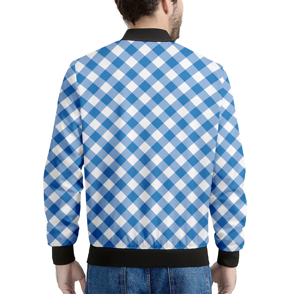 Steel Blue And White Gingham Print Men's Bomber Jacket