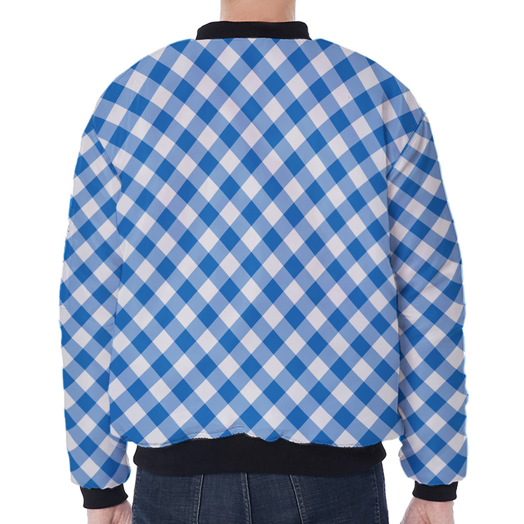 Steel Blue And White Gingham Print Zip Sleeve Bomber Jacket