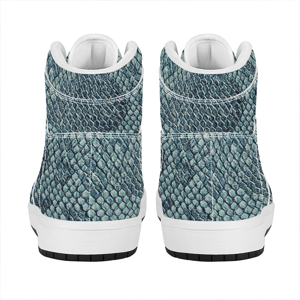 Steel Blue Snakeskin Print High Top Leather Sneakers