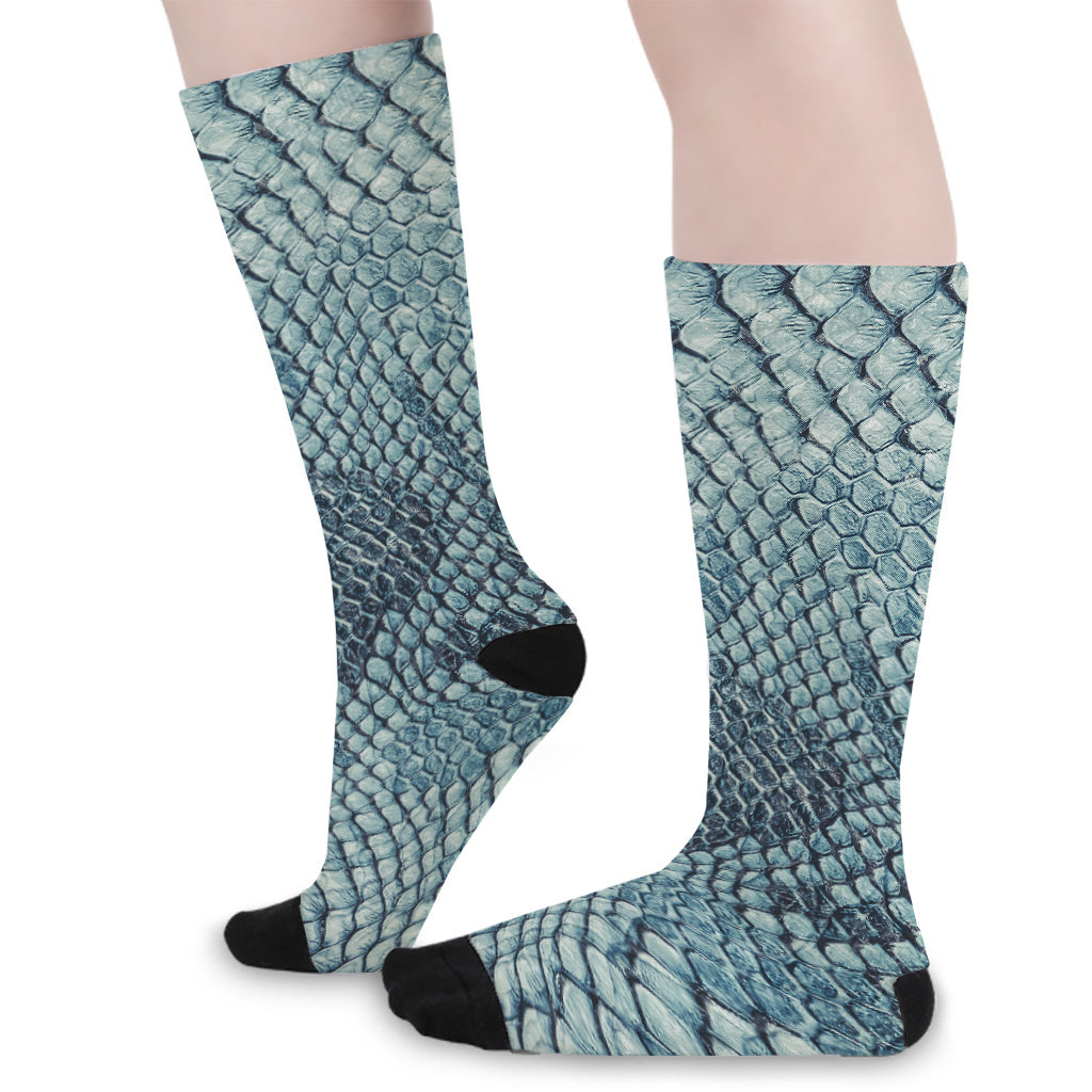 Steel Blue Snakeskin Print Long Socks