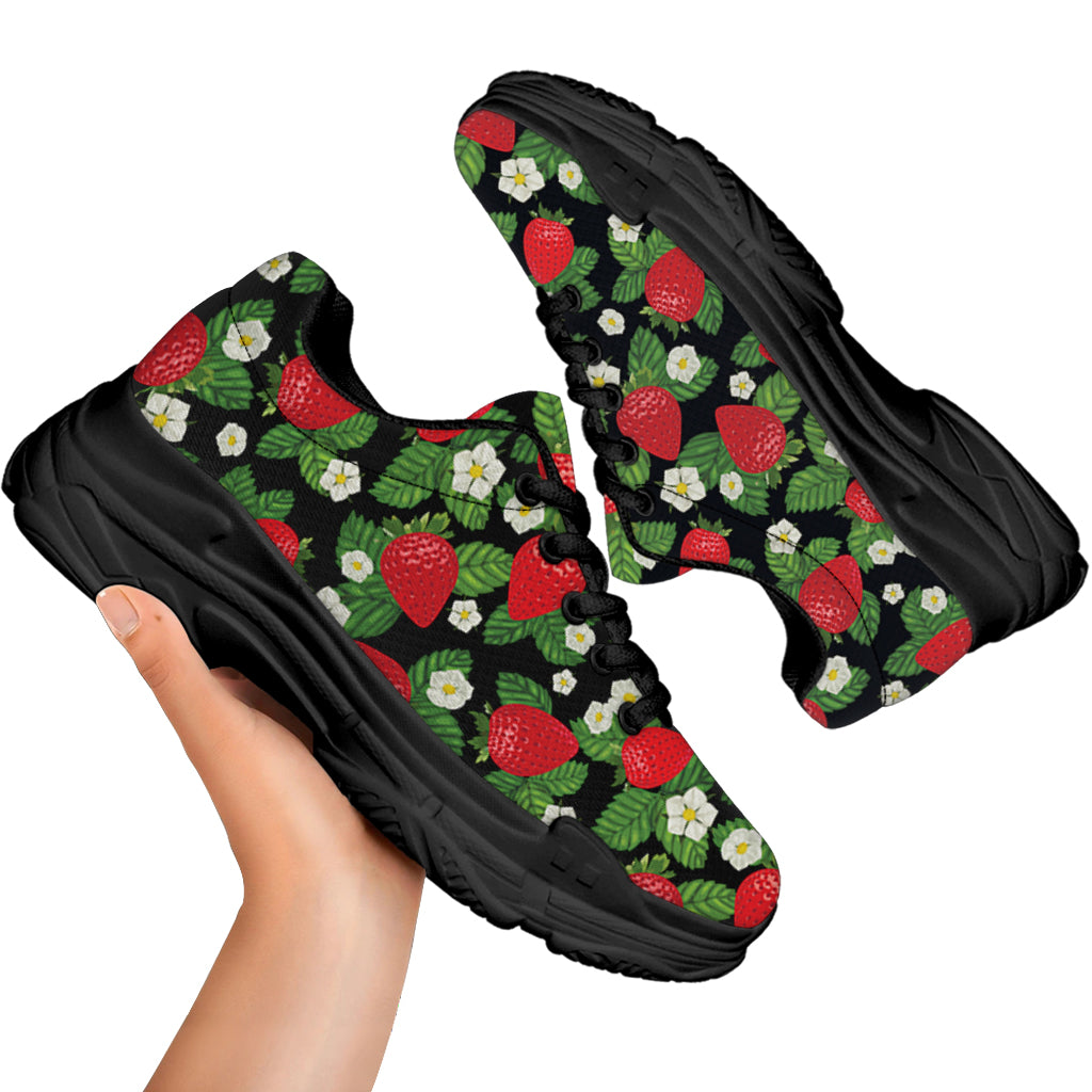 Strawberry And Flower Pattern Print Black Chunky Shoes