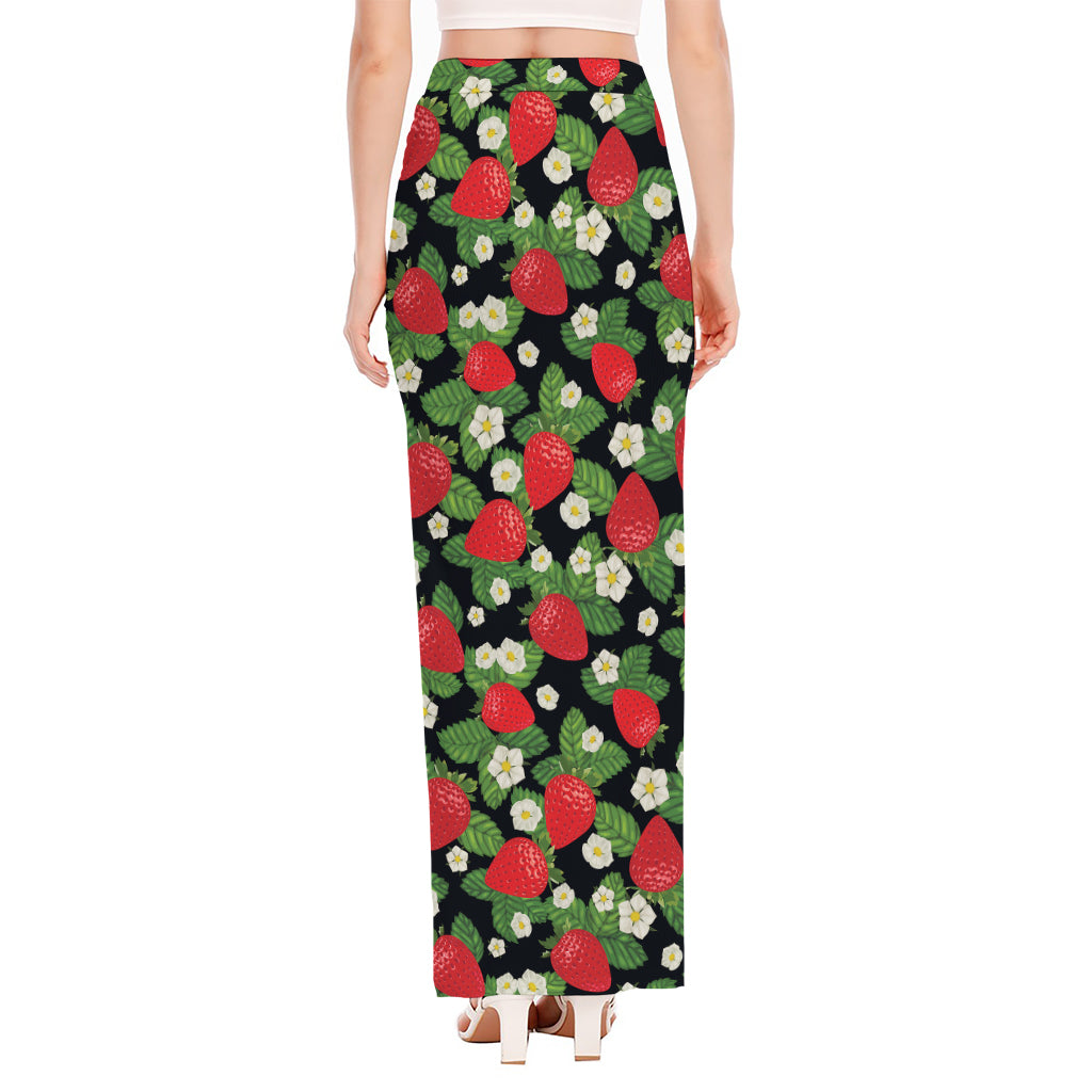 Strawberry And Flower Pattern Print High Slit Maxi Skirt