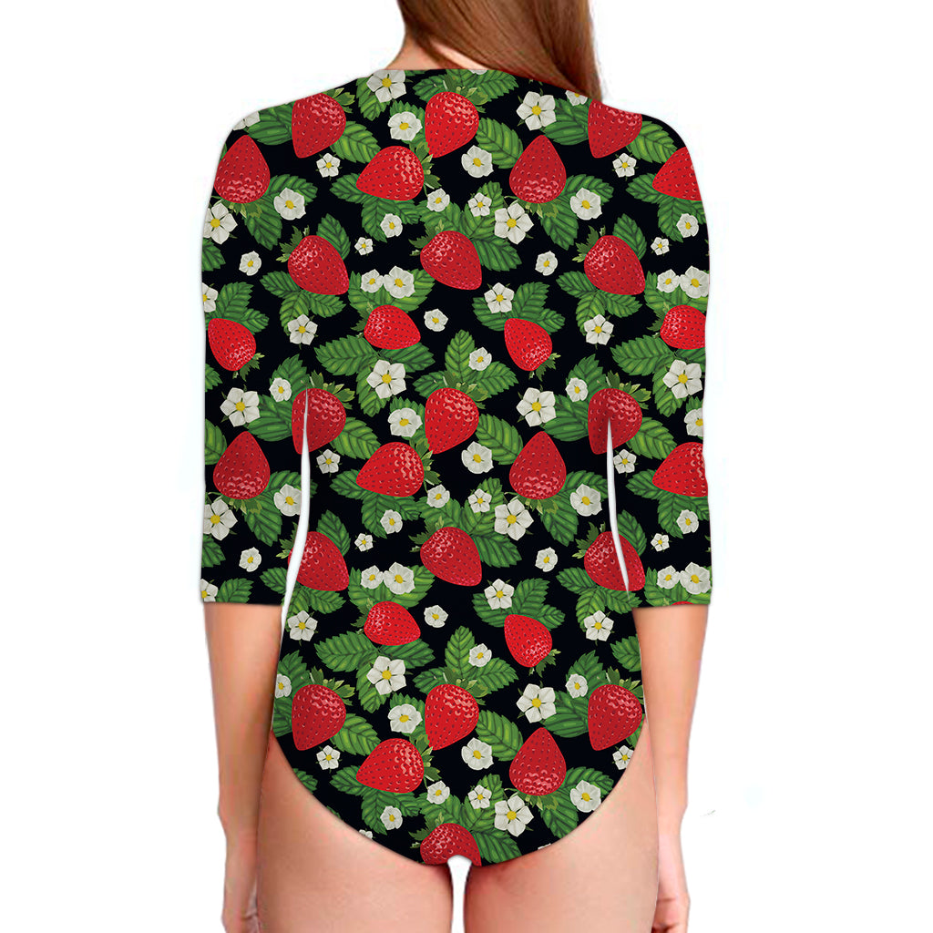 Strawberry And Flower Pattern Print Long Sleeve Swimsuit