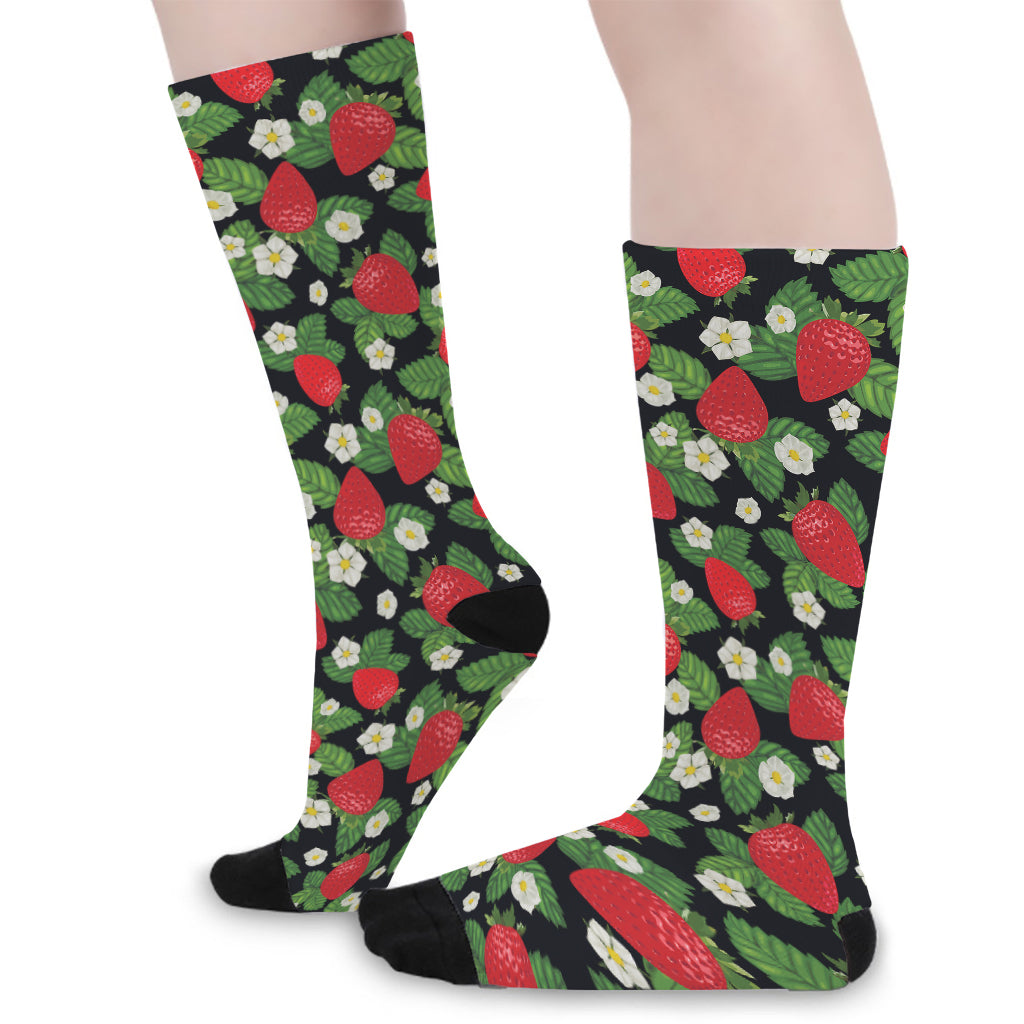 Strawberry And Flower Pattern Print Long Socks
