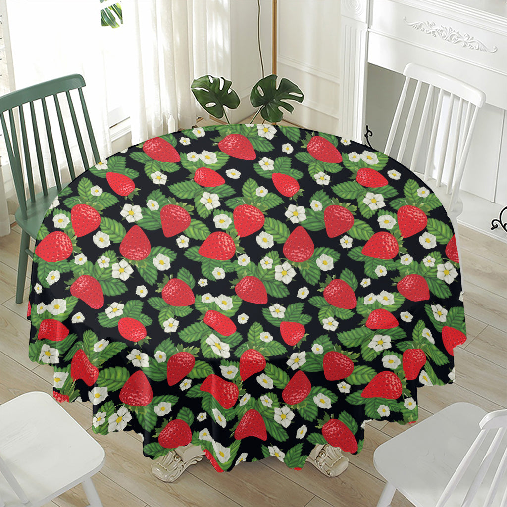 Strawberry And Flower Pattern Print Waterproof Round Tablecloth