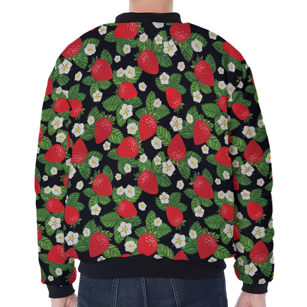 Strawberry And Flower Pattern Print Zip Sleeve Bomber Jacket