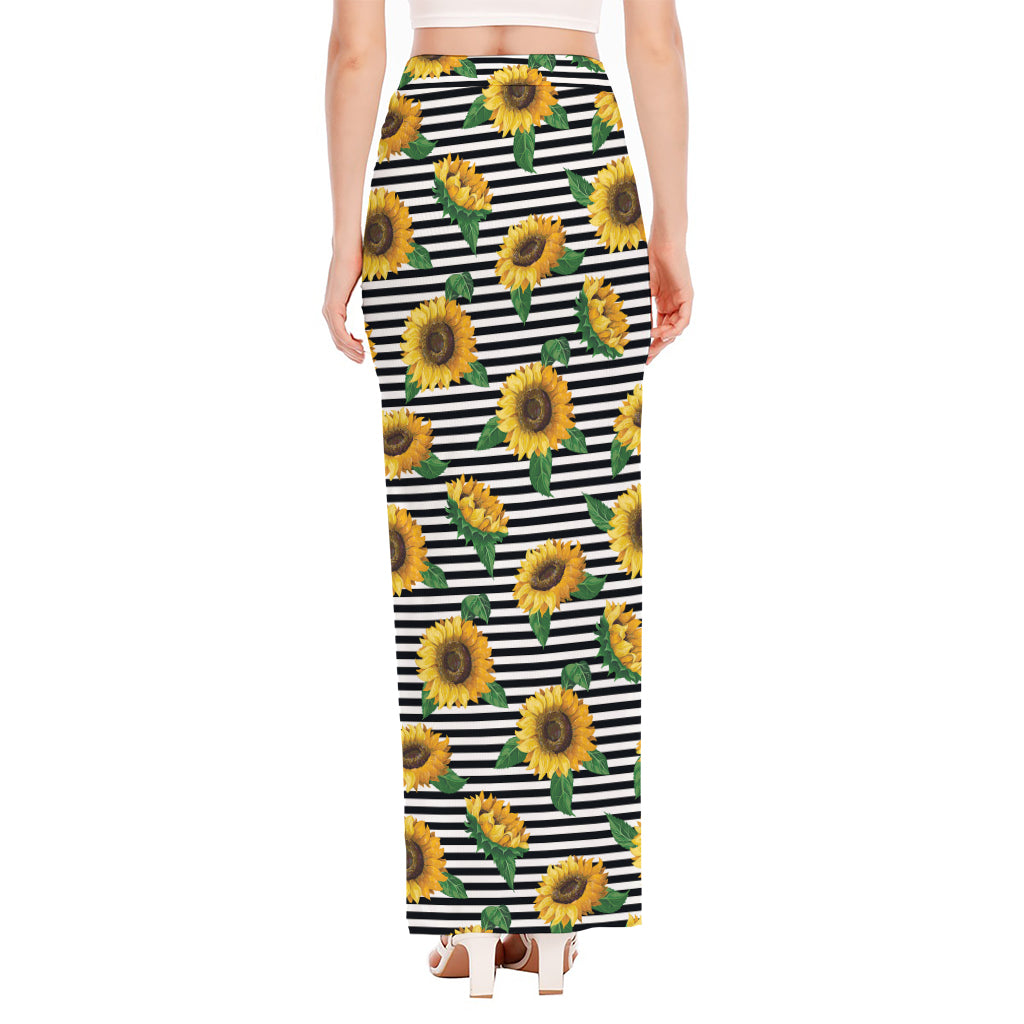 Stripe Sunflower Pattern Print High Slit Maxi Skirt