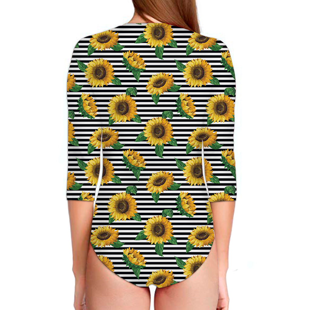 Stripe Sunflower Pattern Print Long Sleeve Swimsuit