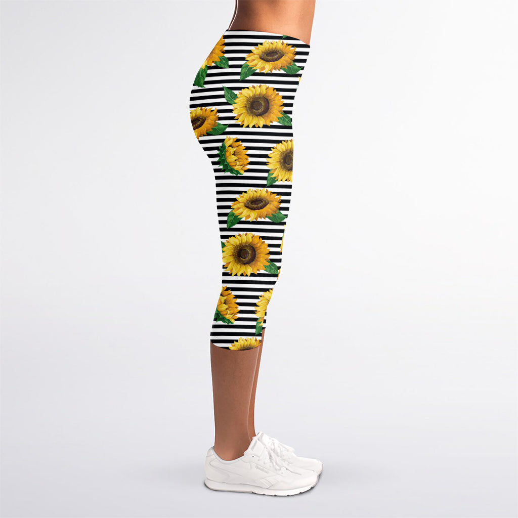 Stripe Sunflower Pattern Print Women's Capri Leggings