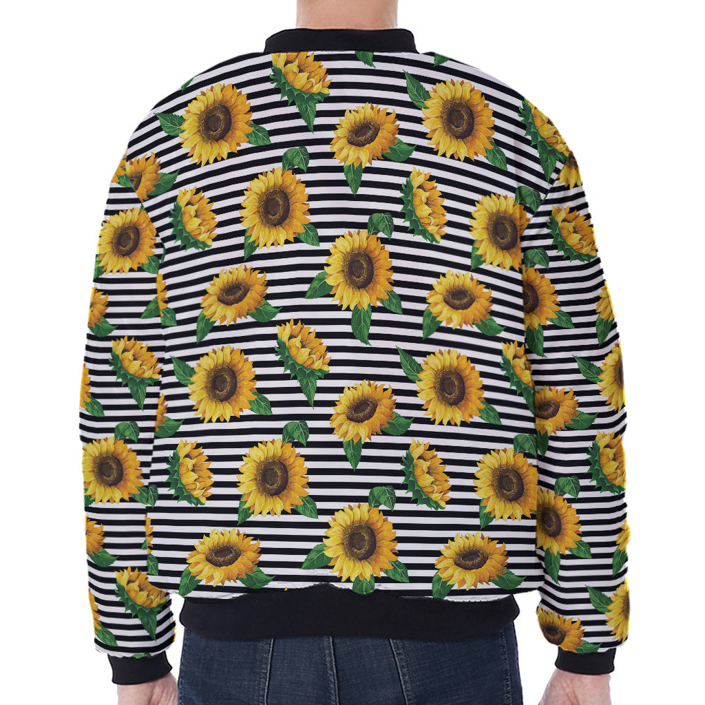 Stripe Sunflower Pattern Print Zip Sleeve Bomber Jacket