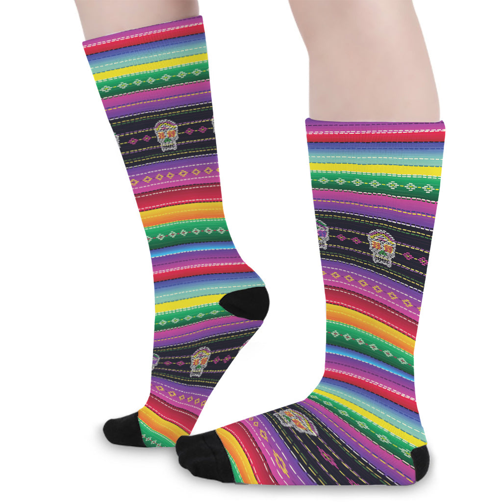 Sugar Skull Mexican Serape Pattern Print Long Socks