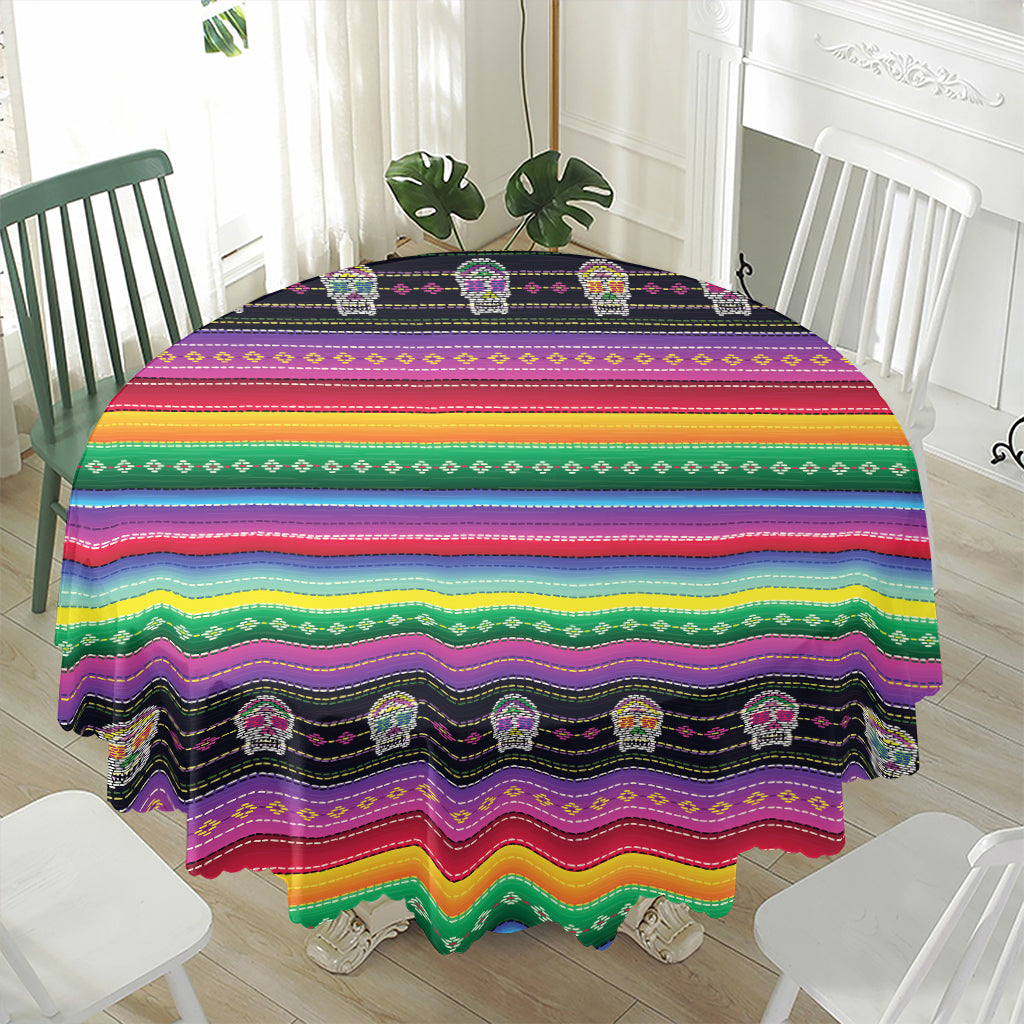 Sugar Skull Mexican Serape Pattern Print Waterproof Round Tablecloth
