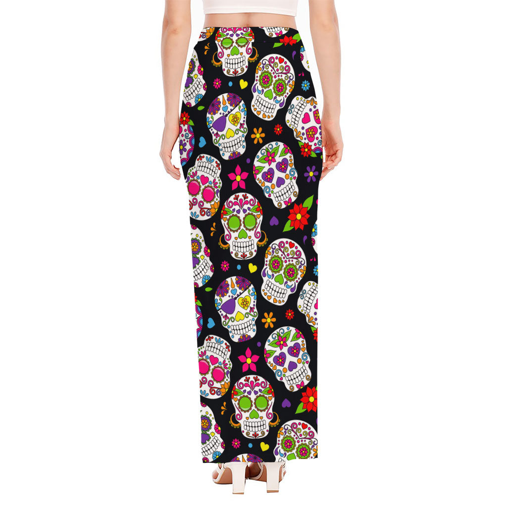 Sugar Skull Pattern Print High Slit Maxi Skirt