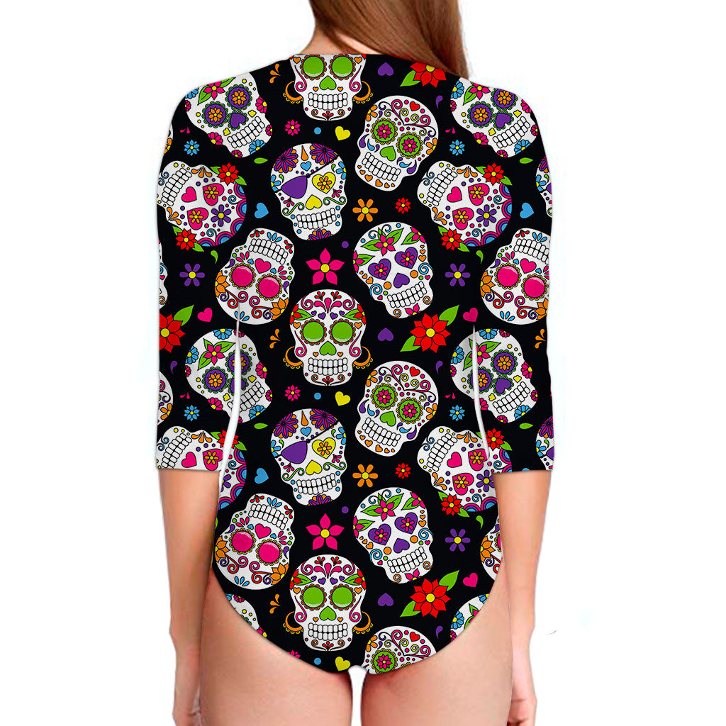 Sugar Skull Pattern Print Long Sleeve Swimsuit