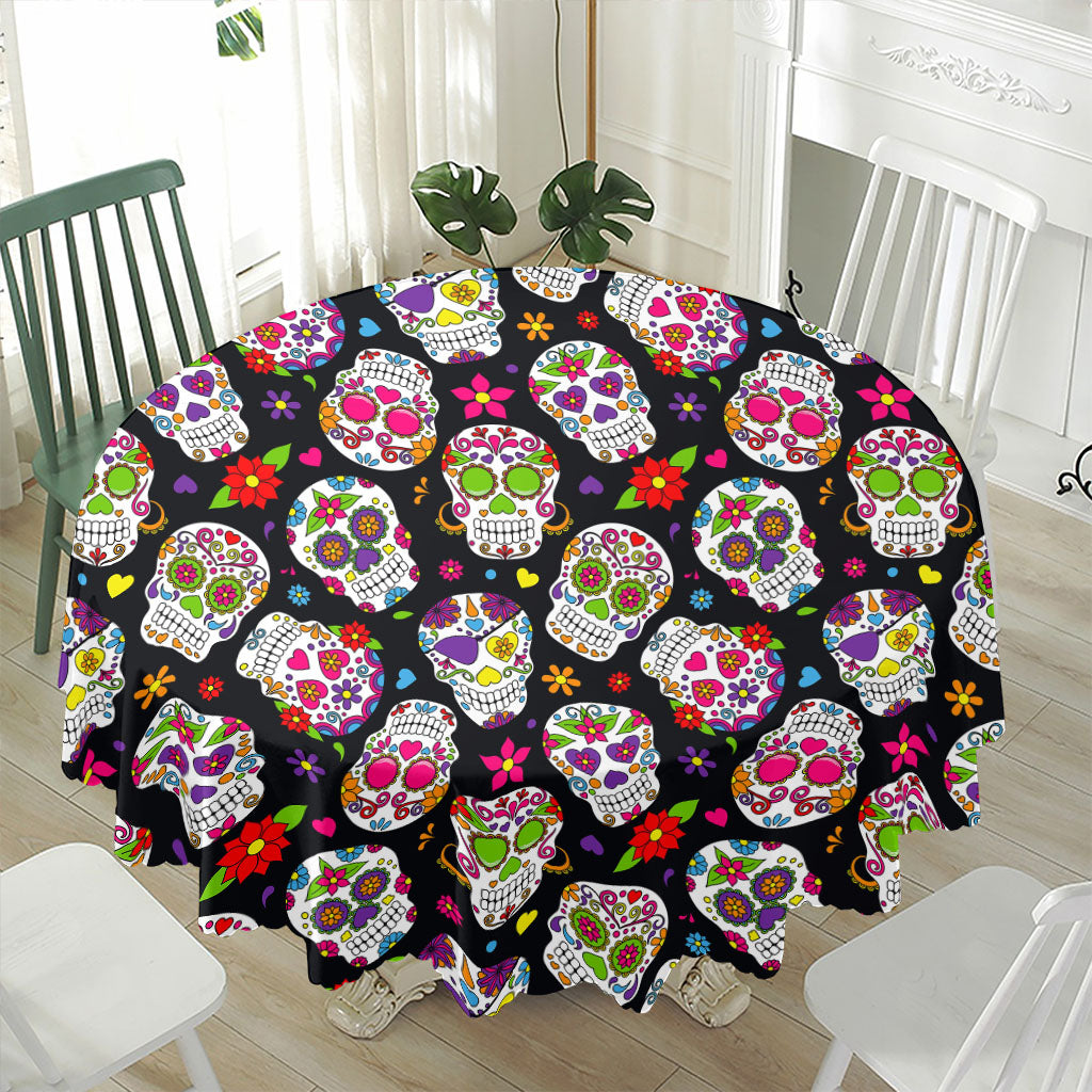 Sugar Skull Pattern Print Waterproof Round Tablecloth