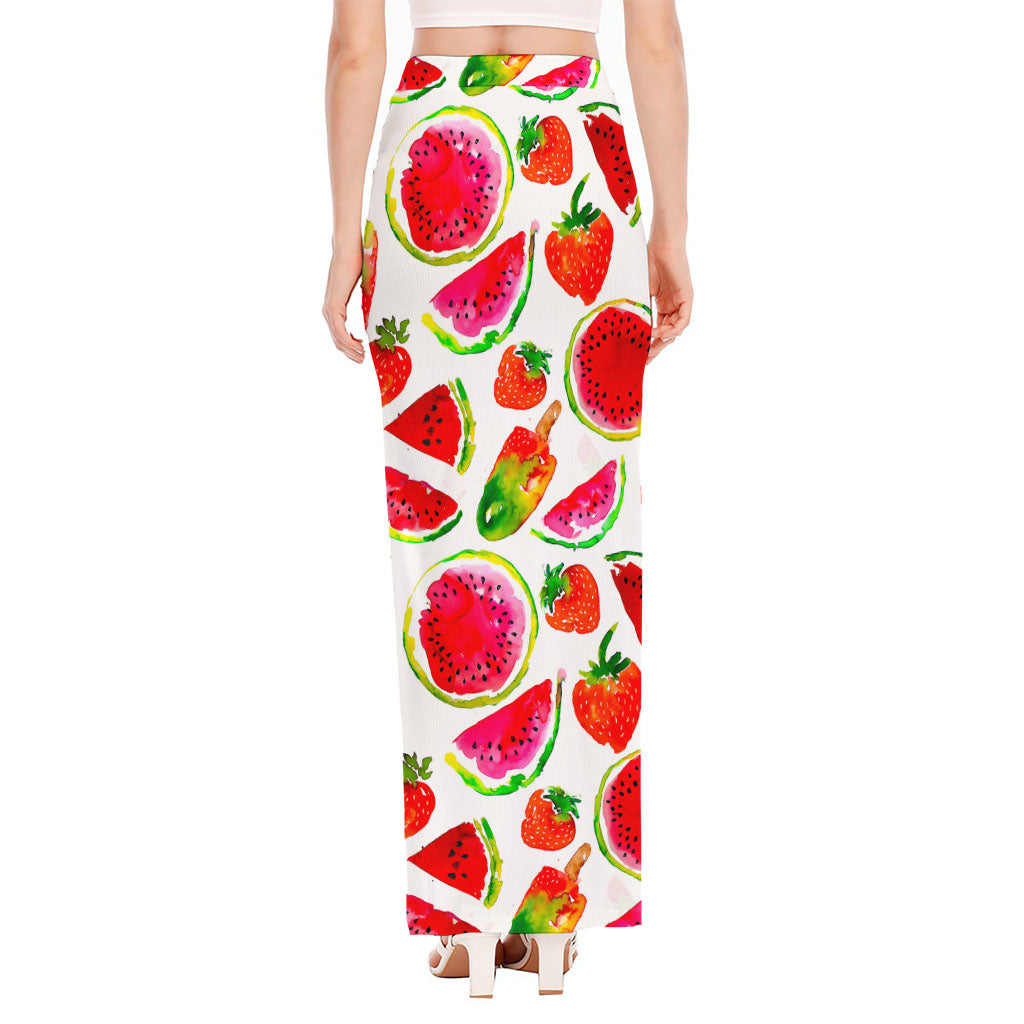 Summer Fruits Watermelon Pattern Print High Slit Maxi Skirt