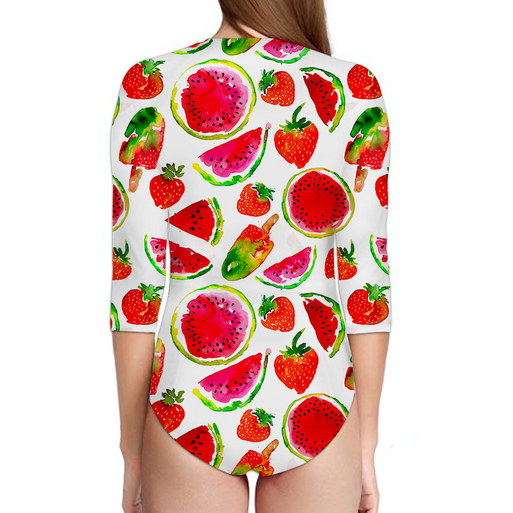 Summer Fruits Watermelon Pattern Print Long Sleeve Swimsuit