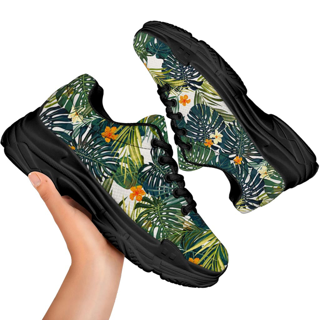 Summer Hawaiian Leaves Pattern Print Black Chunky Shoes
