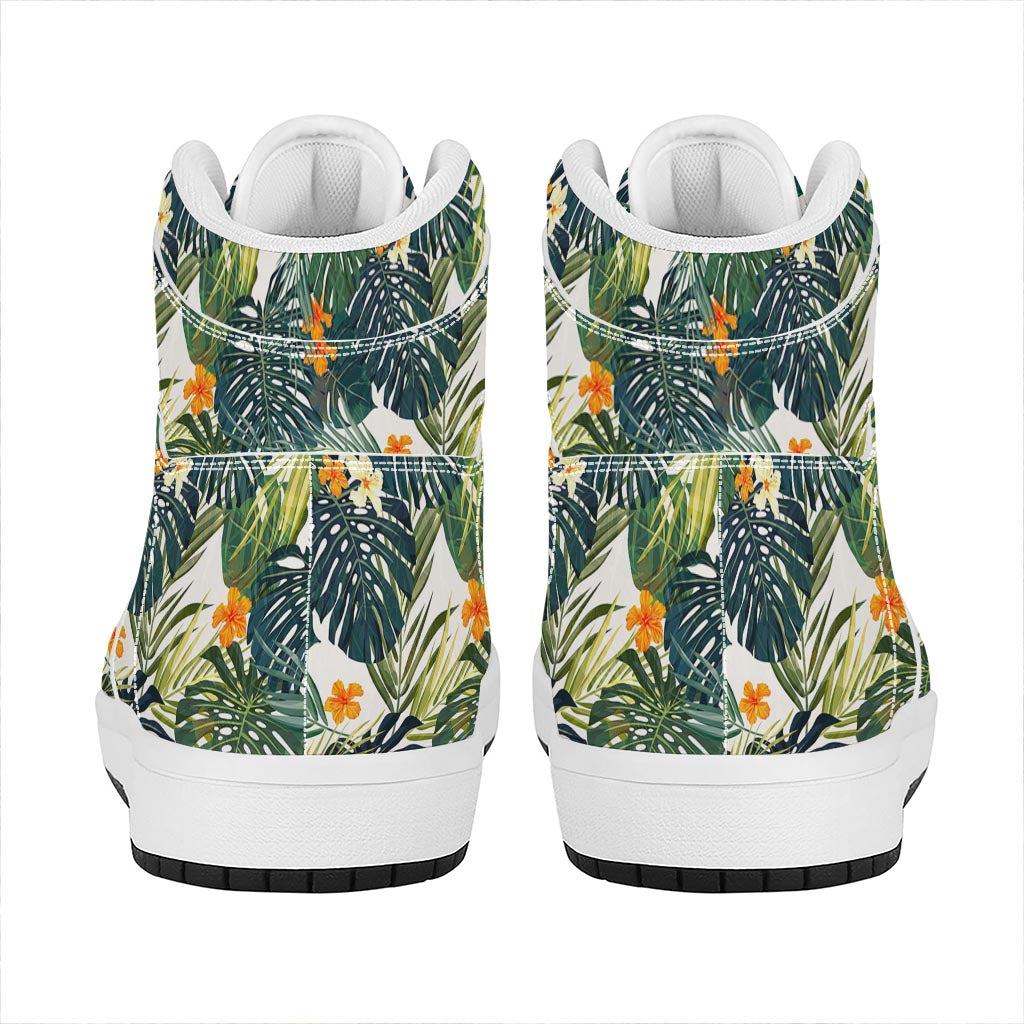 Summer Hawaiian Leaves Pattern Print High Top Leather Sneakers