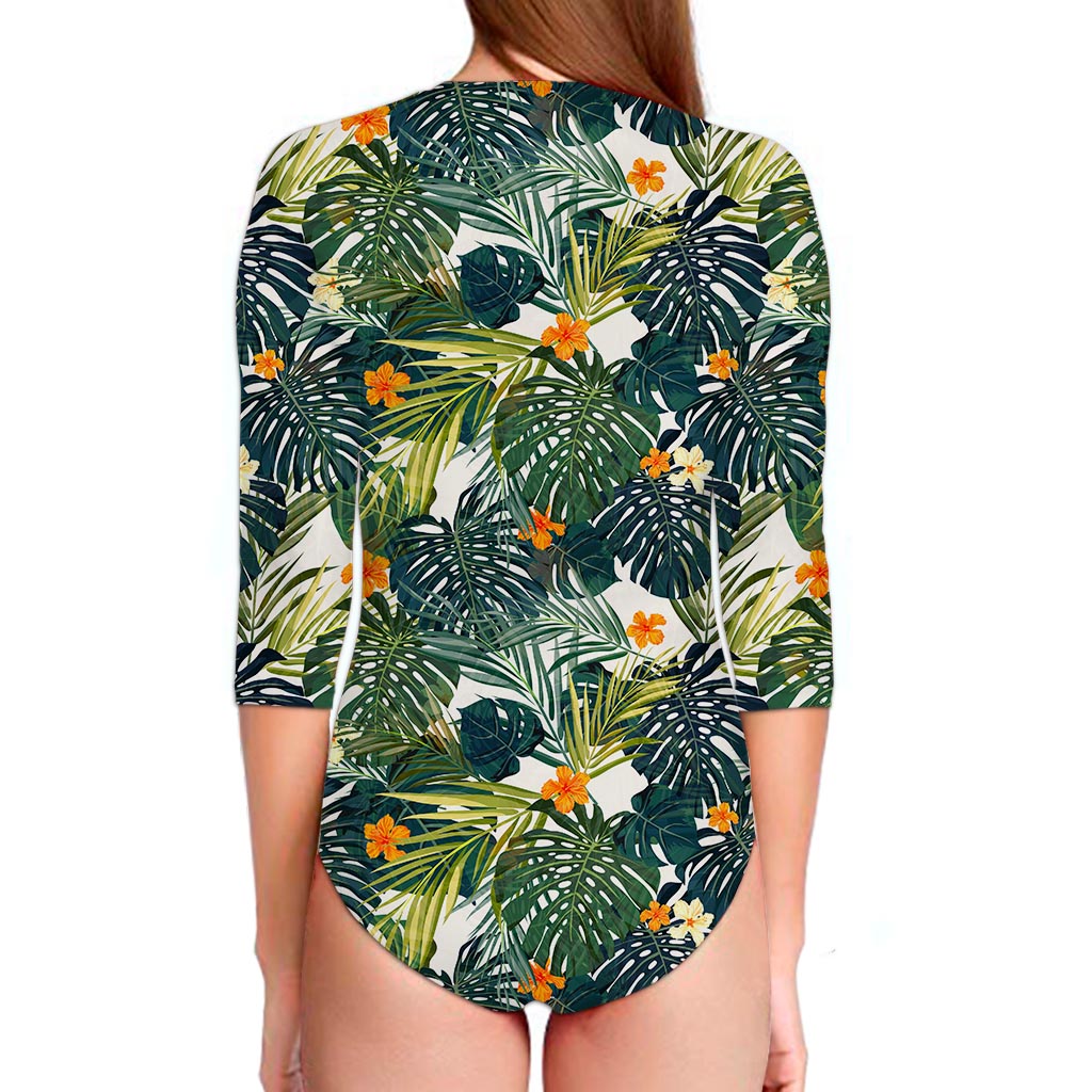 Summer Hawaiian Leaves Pattern Print Long Sleeve Swimsuit