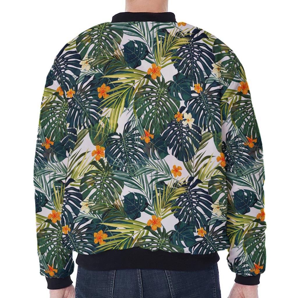 Summer Hawaiian Leaves Pattern Print Zip Sleeve Bomber Jacket